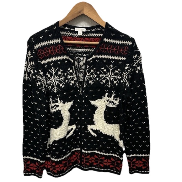 J.Jill Womens Winter Reindeer Wool Crewneck Full Zip Sweater Size Small FESTIVE - Picture 1 of 8